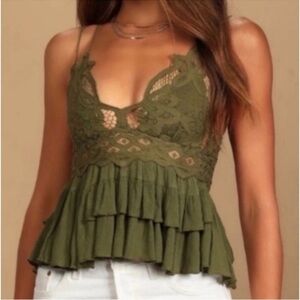 NWT Free People Adella Lace Ruffled Cami Top Olive Green Size Medium